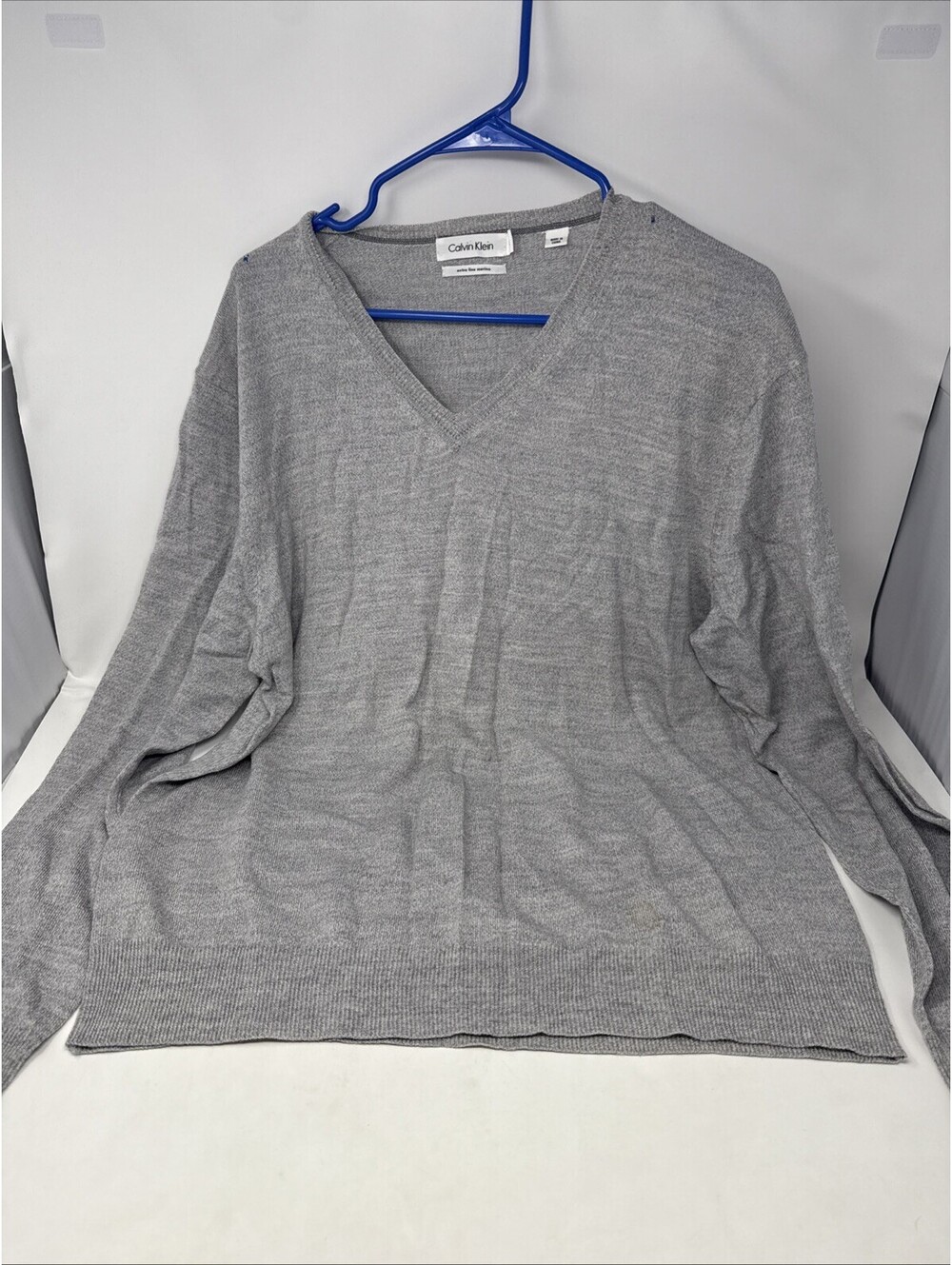 Calvin Klein Men Gray Merino Wool V-Neck Pullover Sweater Fine Knit Luxury XL